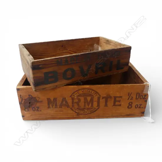 2 VINTAGE CRATES; BOVRIL & MARMITE L.285mm