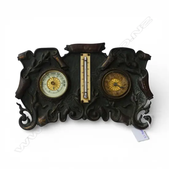 ART NOUVEAU BRASS FRENCH? DOUBLE GAUGE DISPLAY w. THERMOMETER H.185 W.290mm