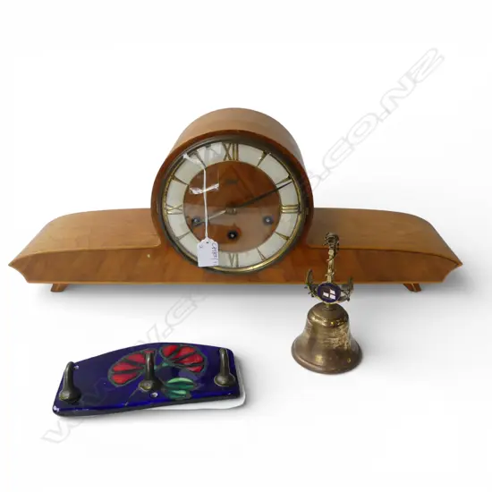 RETRO GERMAN SCHATZ MANTEL CLOCK W.570mm, BELL & MORRIS & JAMES WALL HOOK