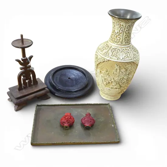 6 ORIENTAL PCES; VASE H.320mm, TRAY, CANDLESTICK, 2 SNUFF BOTTLES, STAND AF