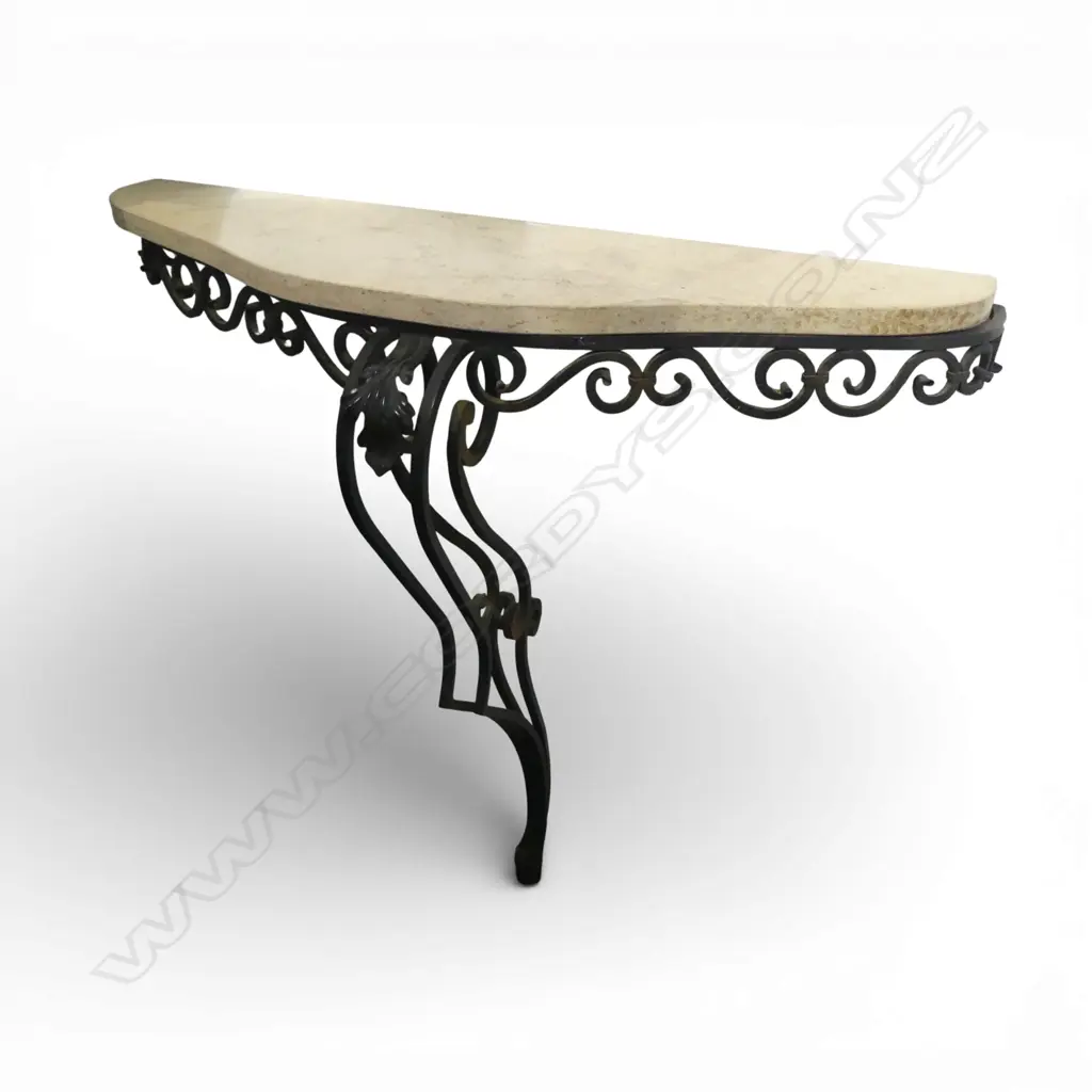 FRENCH DEMI LUNE HALL TABLE; WROUGHT IRON FRAME, MARBLE TOP 800x320x760mm Image 1++