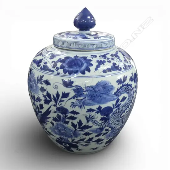 VERY LARGE CHINESE BLUE & WHITE LIDDED URN. Painted w dragon phoenix & blossom. H.520mm.