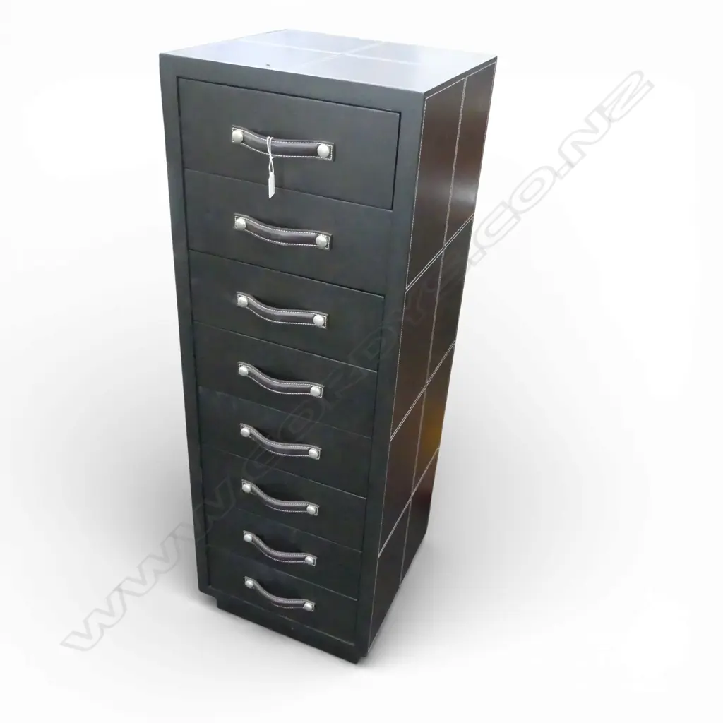 8 DRAWER TALL BOY, EBONISED WOOD & LEATHER 425x420x1255mm Image 1++