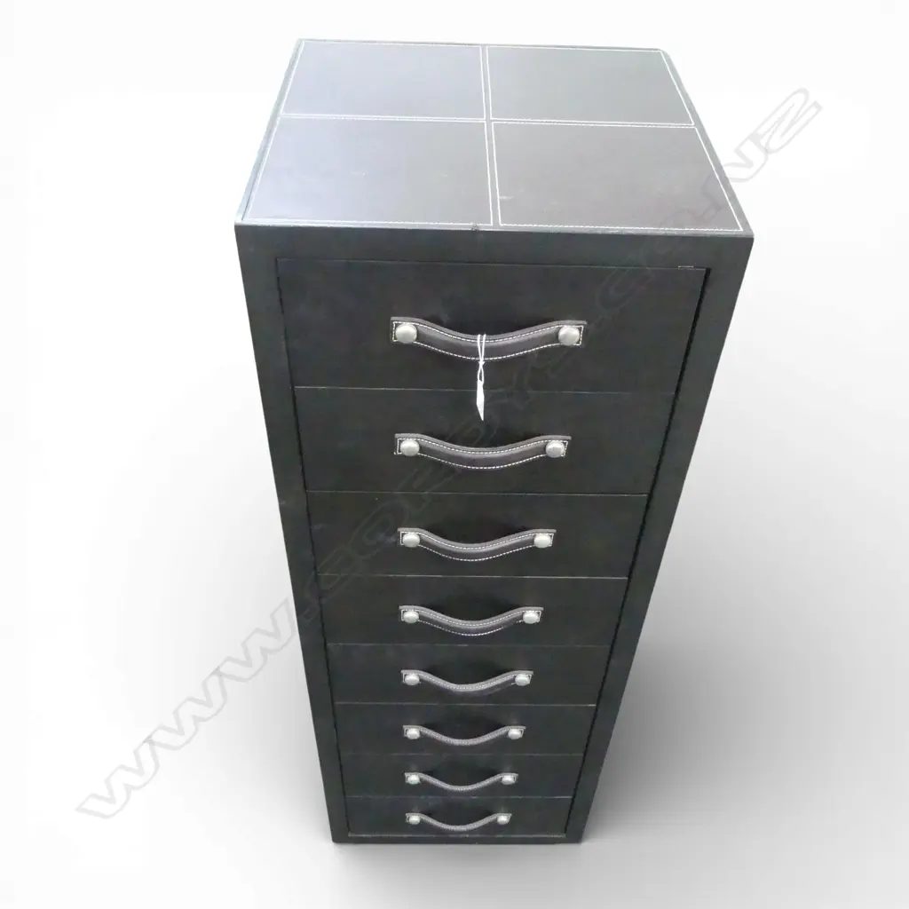 8 DRAWER TALL BOY, EBONISED WOOD & LEATHER 425x420x1255mm Image 1++