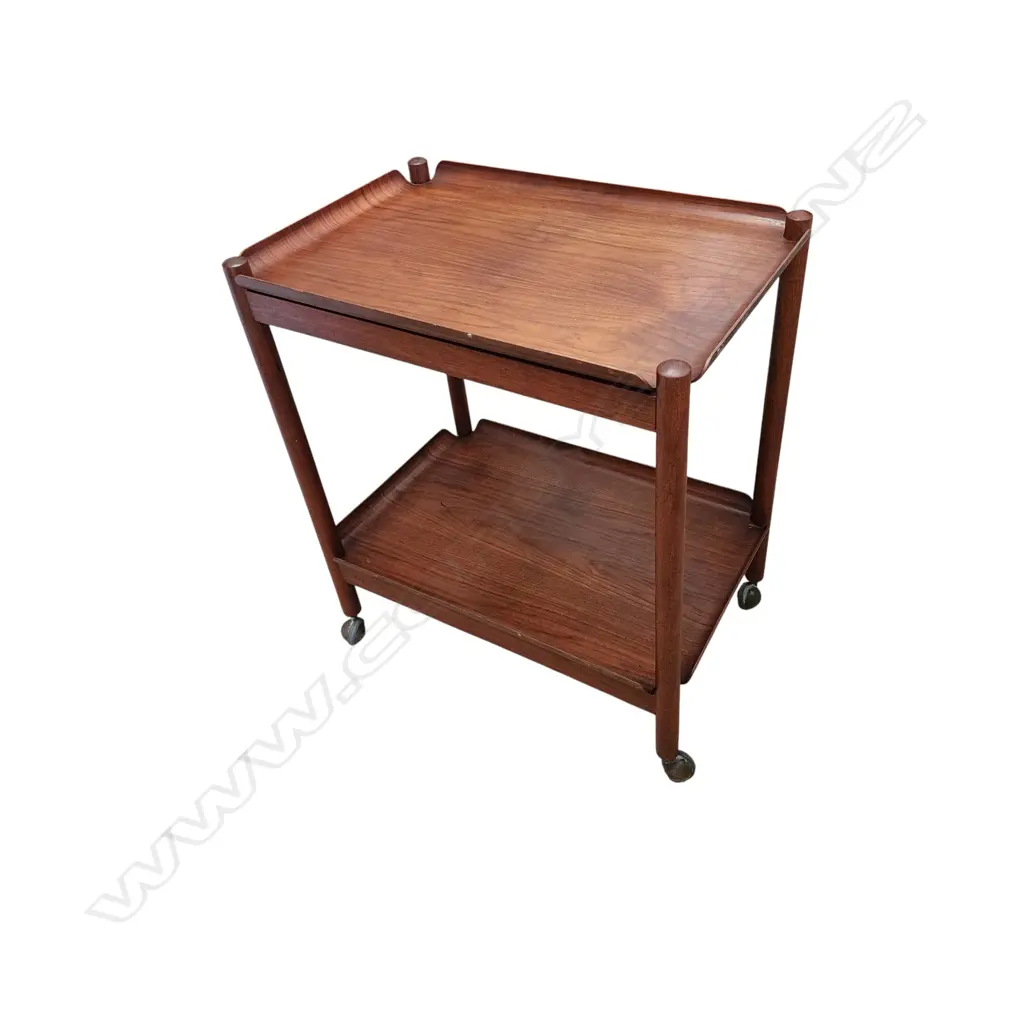 MID-CENTURY TEAK TWO-TIER FOLDING TROLLEY, WITH REMOVABLE CURVED EDGE TRAY 1960’S - 700 x 400 x 630 mm (H x W x L) Image 1++