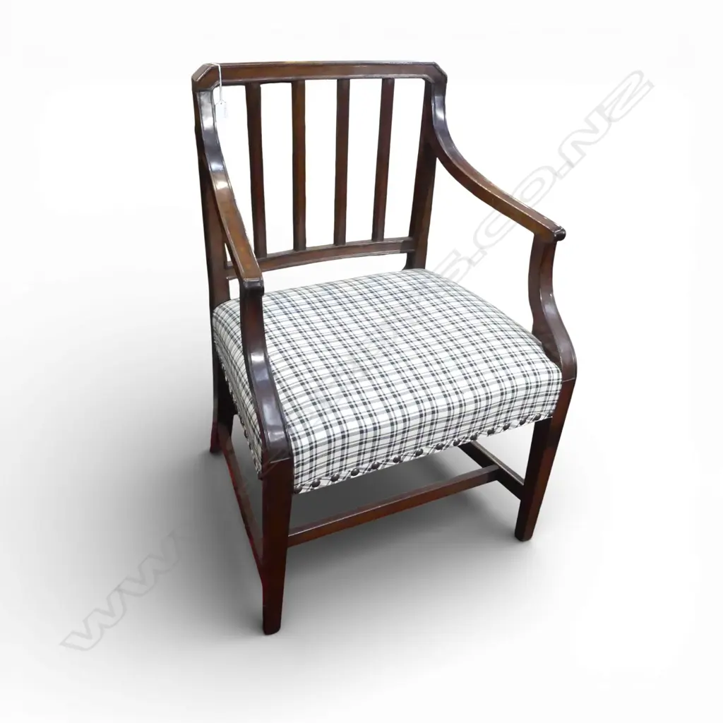 GEORGIAN MAHOGANY OPEN ELBOW CHAIR TARTAN UPOLSTRY Image 1++