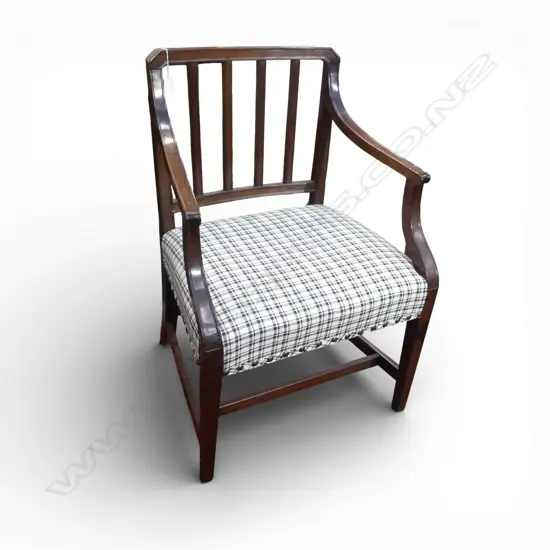 GEORGIAN MAHOGANY OPEN ELBOW CHAIR TARTAN UPOLSTRY