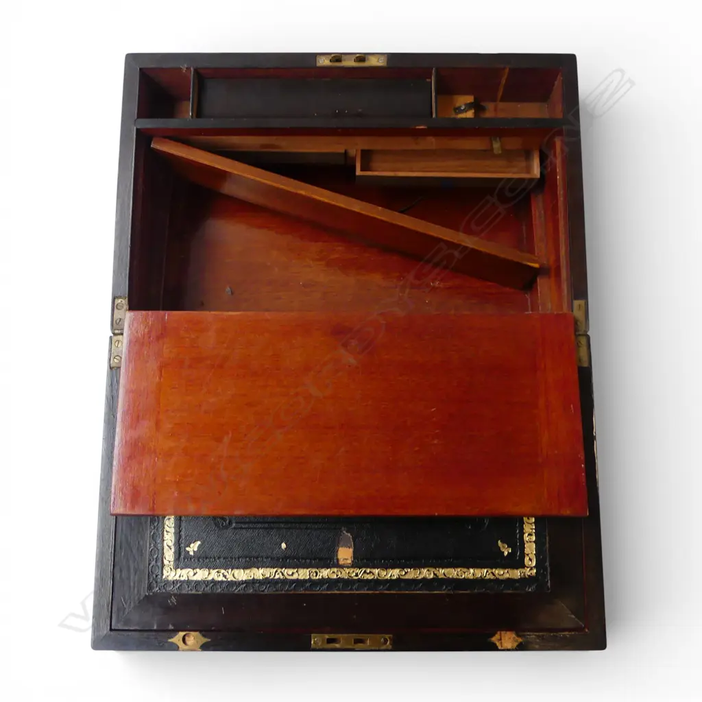 ANTIQUE MAHOGANY & INLAID BRASS WRITING SLOPE hidden panel revealing two drawers 400x250x175mm some small faults Image 1++