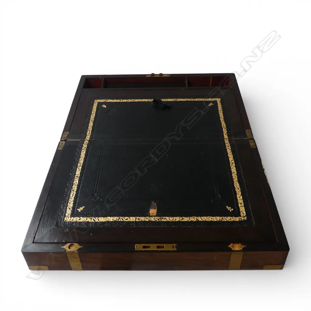 ANTIQUE MAHOGANY & INLAID BRASS WRITING SLOPE hidden panel revealing two drawers 400x250x175mm some small faults Image 1++
