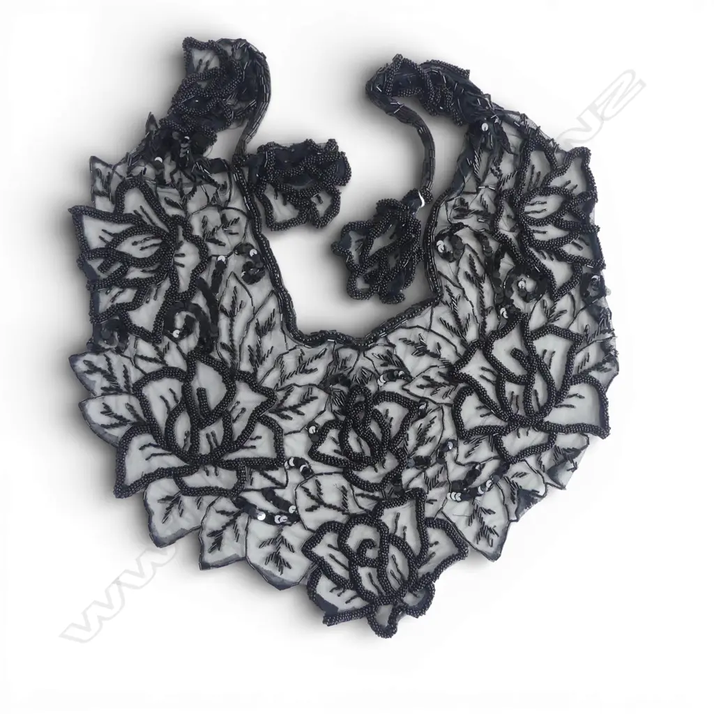 ANTIQUE STYLE BLACK BEADED CAPE. Fine mesh w bugle + small round beads Image 1++