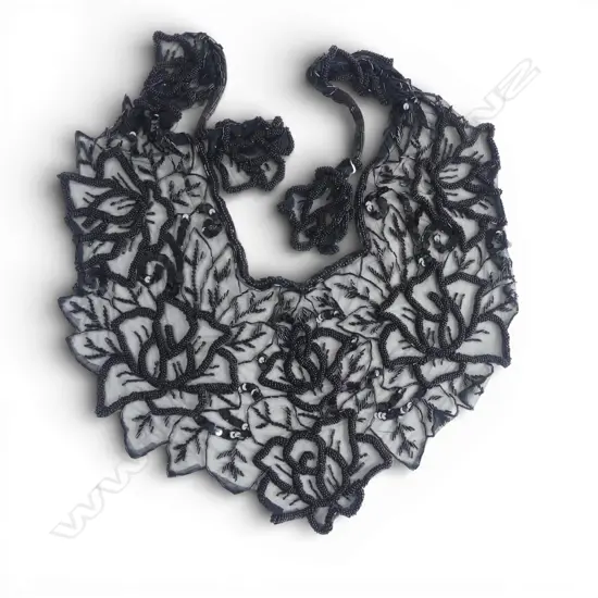 ANTIQUE STYLE BLACK BEADED CAPE. Fine mesh w bugle + small round beads