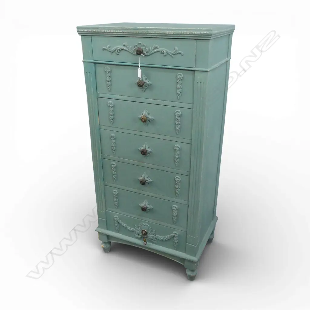BLUE PAINTED 7 DRAWER TALL BOY 575x385x1180mm Image 1++
