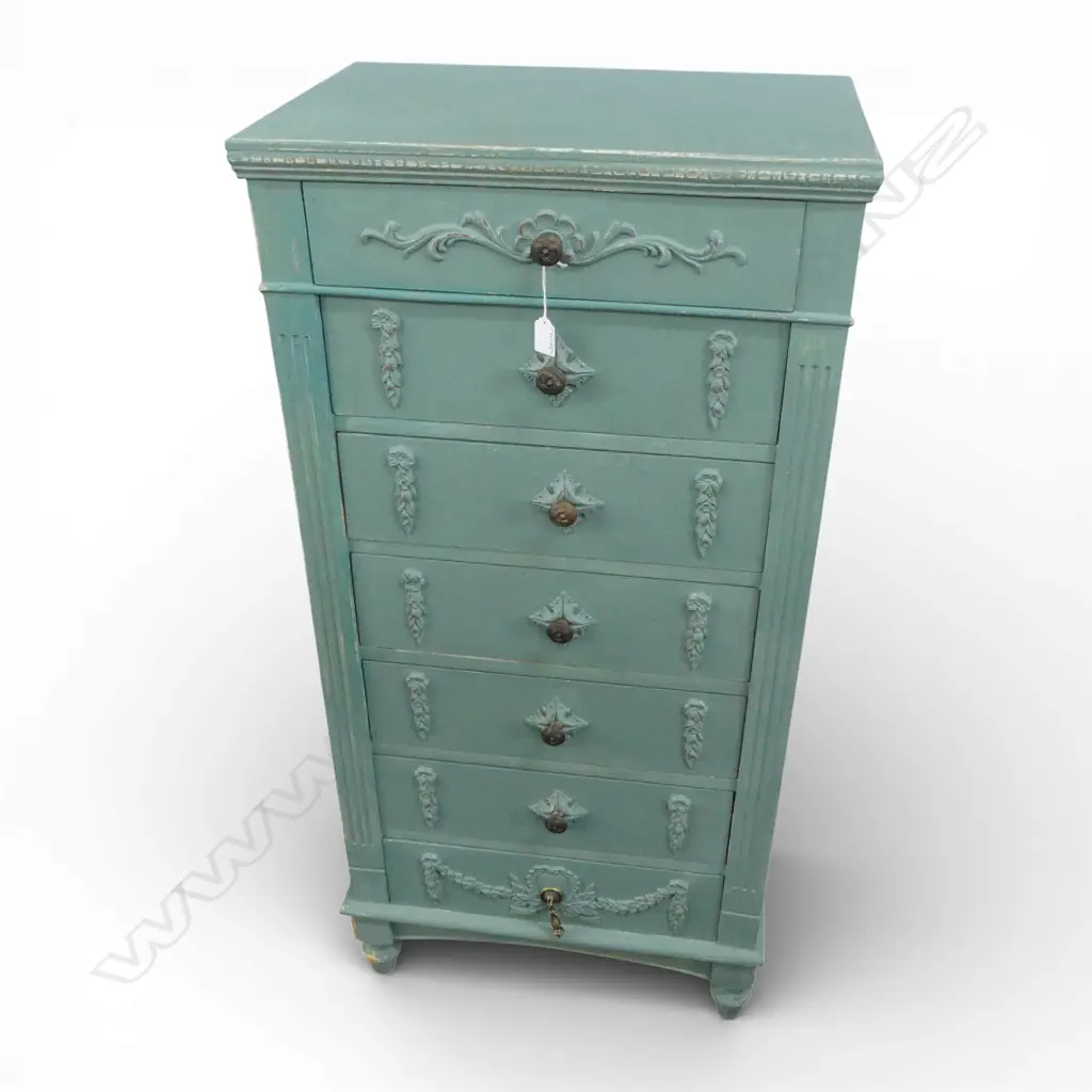 BLUE PAINTED 7 DRAWER TALL BOY 575x385x1180mm Image 1++