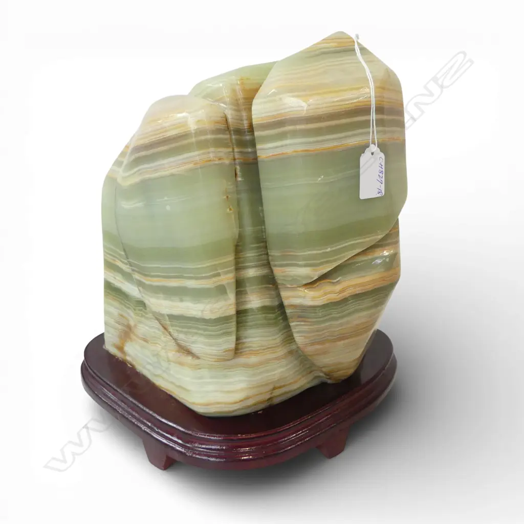 ORIENTAL LARGE POLISHED BANDED GREEN ONYX (Afghan Jade) 'SUISEKI' SCULPTURE ON STAND. H.355mm. Image 1++