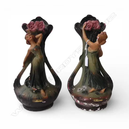 PR FRENCH ART NOUVEAU PAINTED PLASTER VASES, SIGNED H.365mm CHIPS