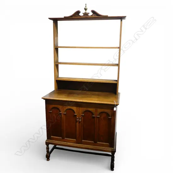 EARLY 20THC OAK SMALL DRESSER. Plate rack back on cupboard base w barley twist legs 960x470x2080mm approx.