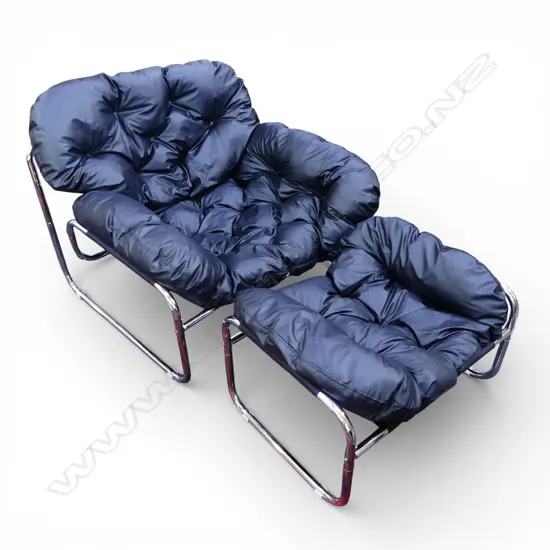 MODERN BLACK VINYL ARMCHAIR & OTTOMAN