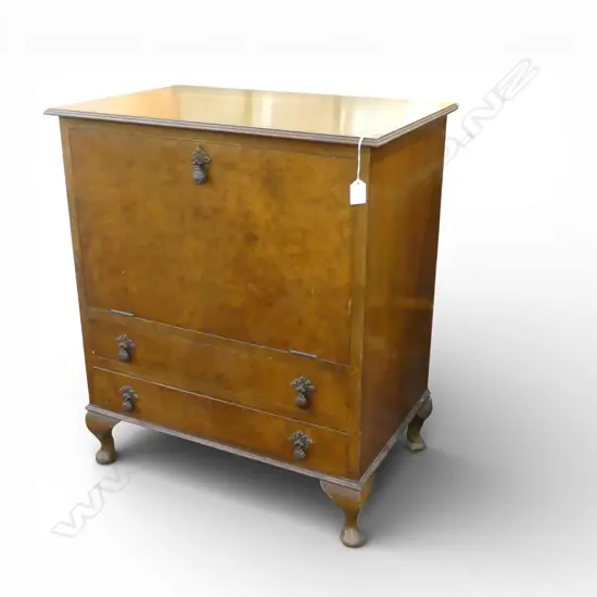 C1940 FIGURED WALNUT SIDE CABINET w fall front above 2 drawers needs some refurbishment 635x410x740mm