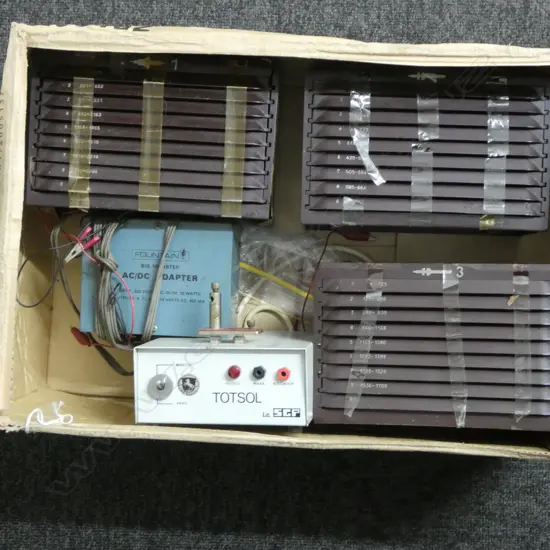 3 BAKELITE WATCH PART CONTAINERS FULL & TOTSOL ELECTRIC TESTER ETC