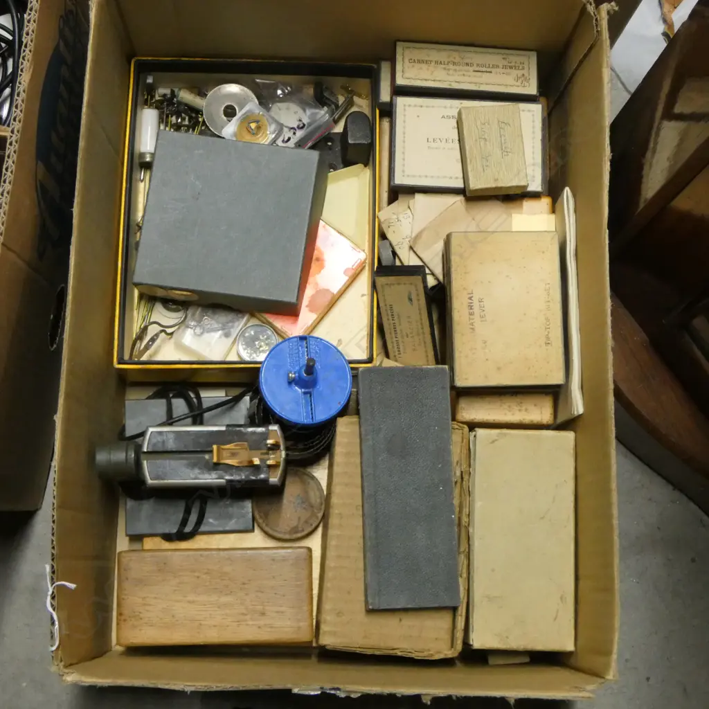 BOX OF WATCHMAKERS TOOLS WATCH PARTS ETC Image 1++