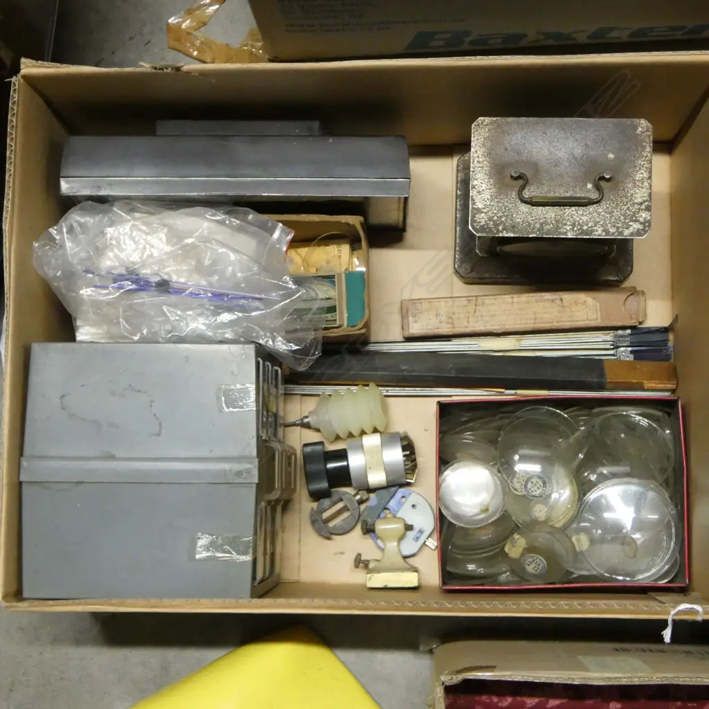 BOX LOT WATCH GLASSES WATCH MAKERS TOOLS 2 CLOCKS ETC Image 1++