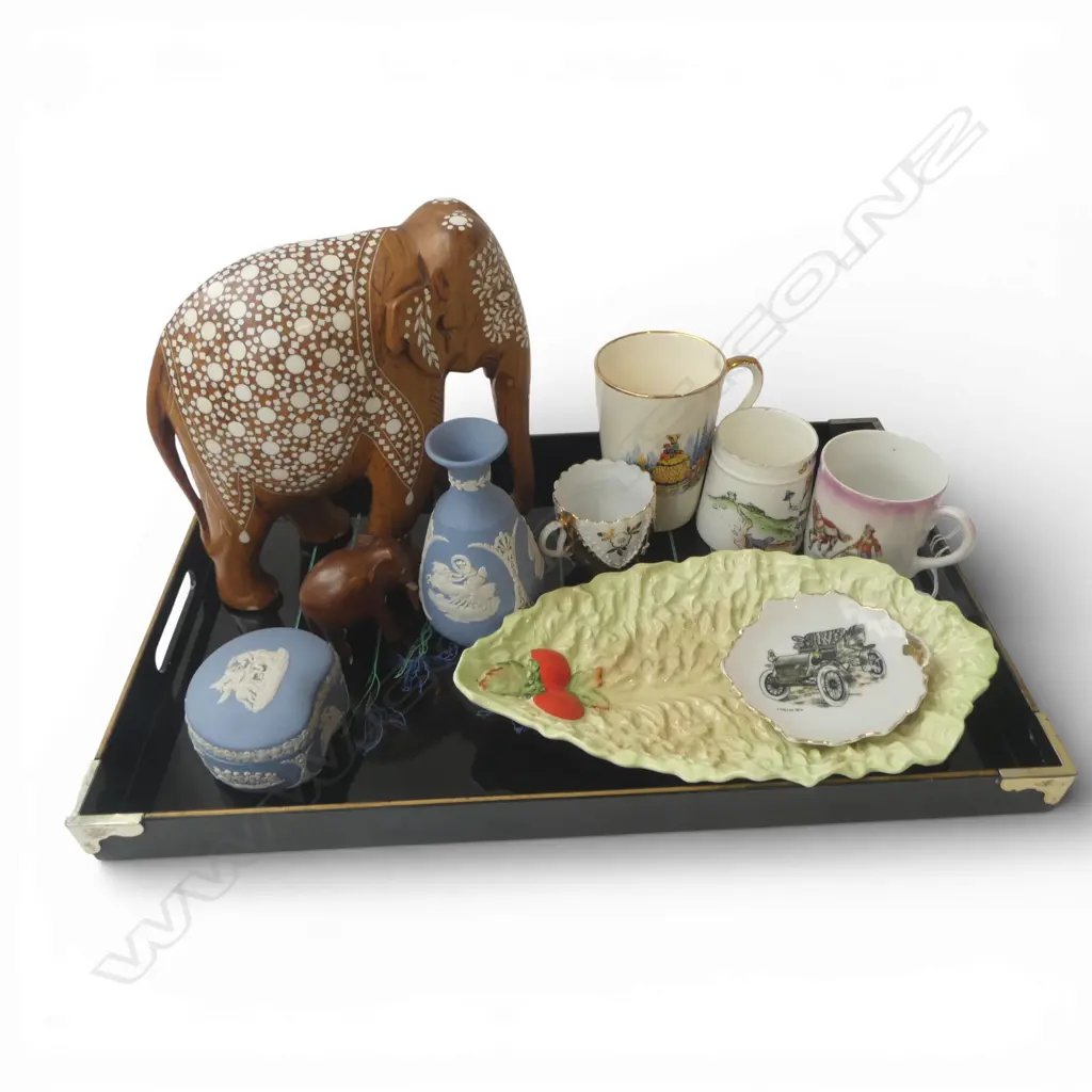 BLACK LAVENDER PAT. LACQUER TRAY + ASST. FANCY CHINA + 2 ELEPHANTS etc Image 1++