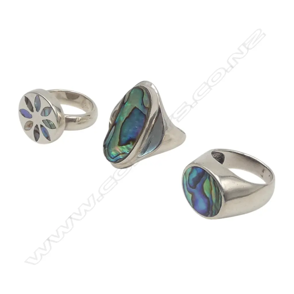 3 STG SILVER & PAUA RINGS, 29.5gms SIZE O & Q Image 1++