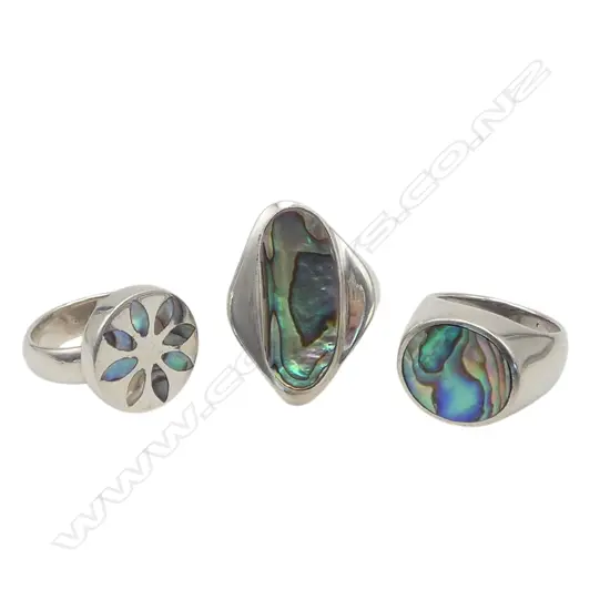 3 STG SILVER & PAUA RINGS, 29.5gms SIZE O & Q