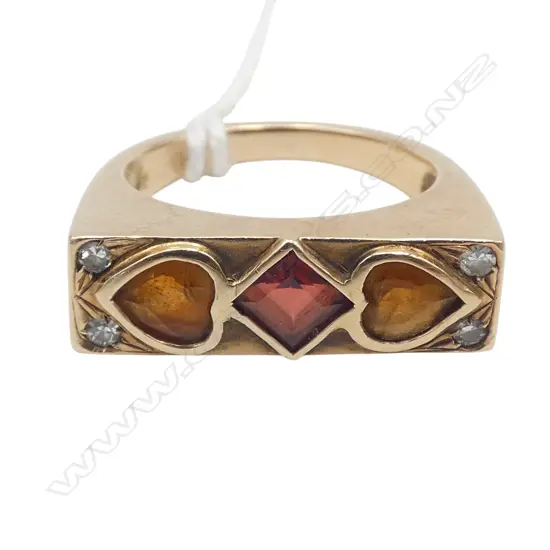 14ct GOLD, DIAMOND & GARNET/CITRINE 6.44gms SIZE O