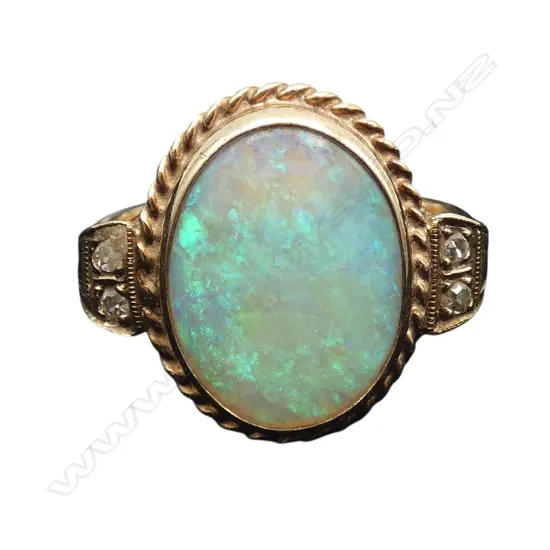 9ct MILK OPAL & DIAMOND RING, 5.2gms SIZE T