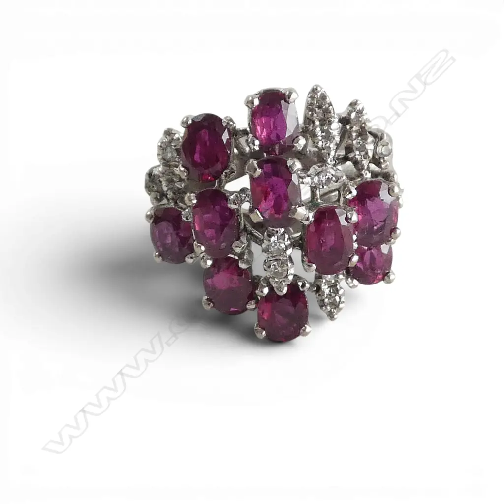WHITE GOLD RUBY/DIAMOND COCKTAIL DRESS RING SIZE P1/2 6.3 GRAMS (testing as 6.75 gold) Image 1++