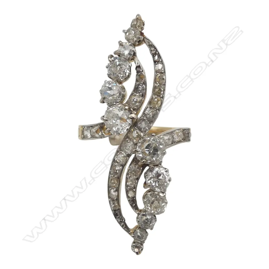 Stylish early 20thC Belle Epoque 18CT gold multi old  cut DIAMOND RING (1 missing 2 faux) 5.8gms See long description Image 1++