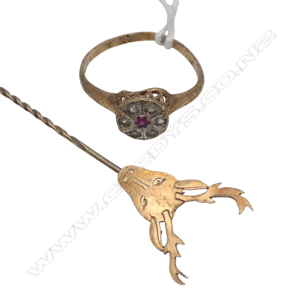 9CT RING AF + 9CT STAG HEAD PIN 2.7gms Image 1++