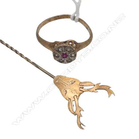 9CT RING AF + 9CT STAG HEAD PIN 2.7gms