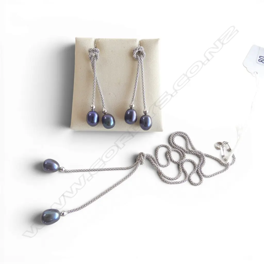 STG SILVER &FRESH WATER BLACK PEARL EARRING & NECKLACE SET Image 1++