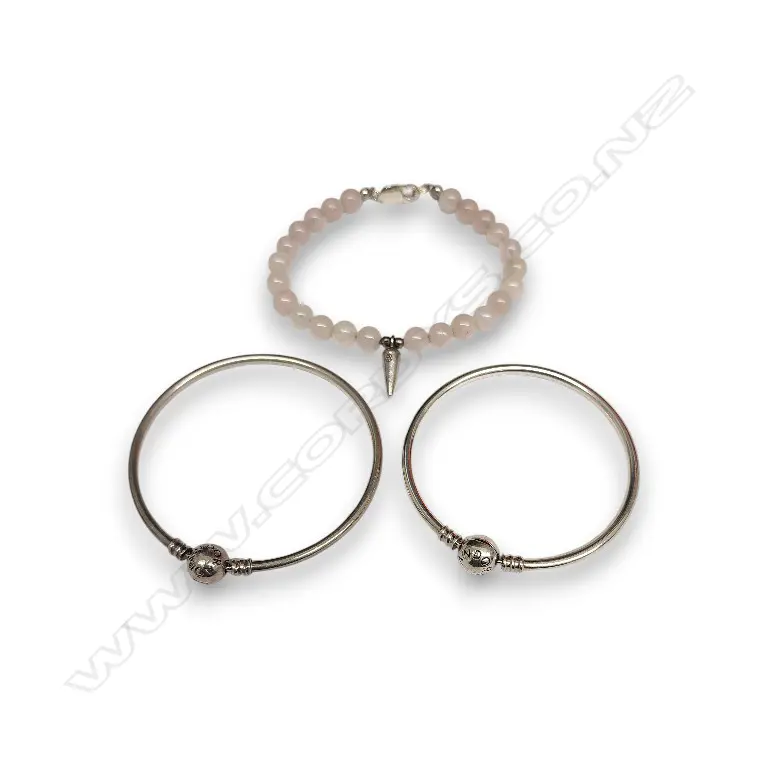 S SILVER PANDORA BANGLE BRACELETS AND PINK ROSE QUARTZ BEADS W A SILVER SPIKE Image 1++