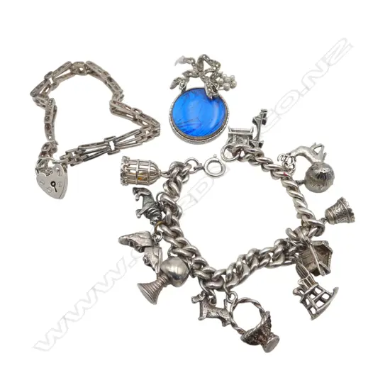 3 PCES JEWELLERY; 2 STG SILVER BRACELETS (CHARM BRACELET L.180mm) 65gms + BUTTERFLY WING PENDANT BROOCH