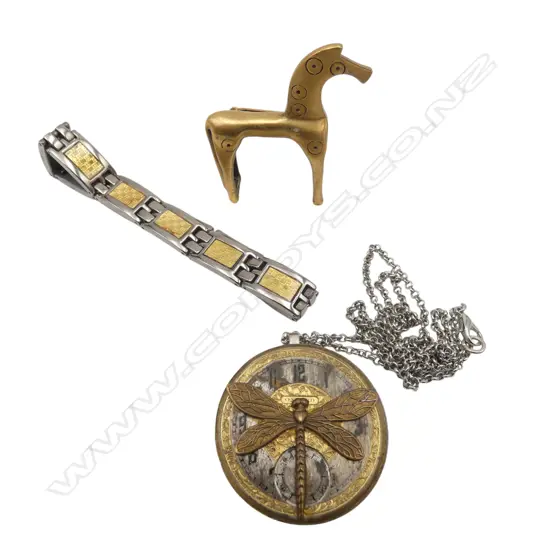 STEAMPUNK DRAGONFLY PENDANT W A VINTAGE WATCH LOOK; TROJAN HORSE BROOCH AND STAINLESS STILL BRACELET