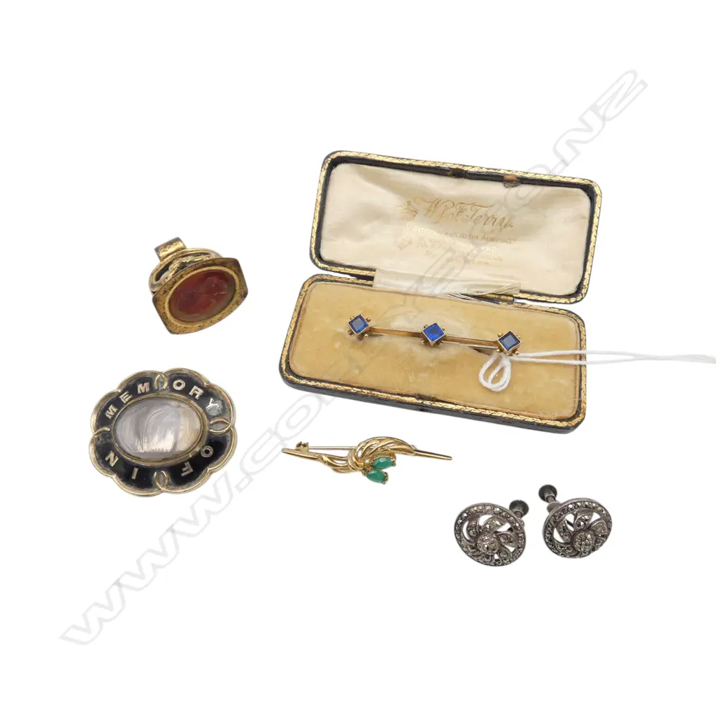 ROLLED GOLD MOURNING BOOCH (FAULTS), FOB SEAL, BROOCH & PR STG SILVER MARCASITE EARRINGS (SCREW BACK) Image 1++
