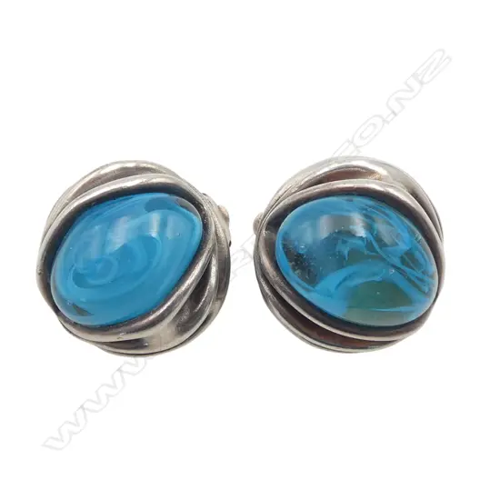 PR 1960's VINTAGE FRENCH SILVER & GLASS EARRINGS, HALLMARKED P.BRETTON, Dia.22mm,  clip ons