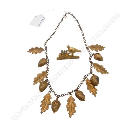 OLD OAK LEAF & ACORN NECKLACE + ARTICULATED BIRD BROOCH 