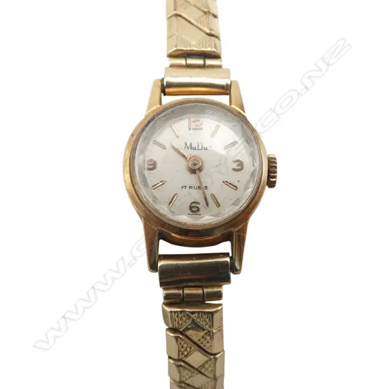VINTAGE 18ct GOLD MuDu WRISTWATCH w. 9ct METAL CORE STRAP 14.70gms TW