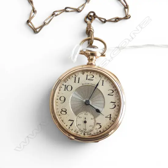 AMERICAN SOUTH BEND GOLD PLATED OPEN FACED POCKET WATCH & CHAIN, running