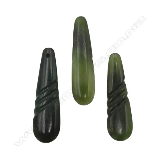3 CARVED POUNAMU PENDANTS tear drop form w diagonal bands