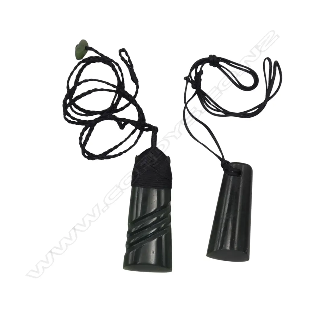 2 CARVED POUNAMU TOKI FORM PENDANT NECKLACES w cord necklace.  Image 1++