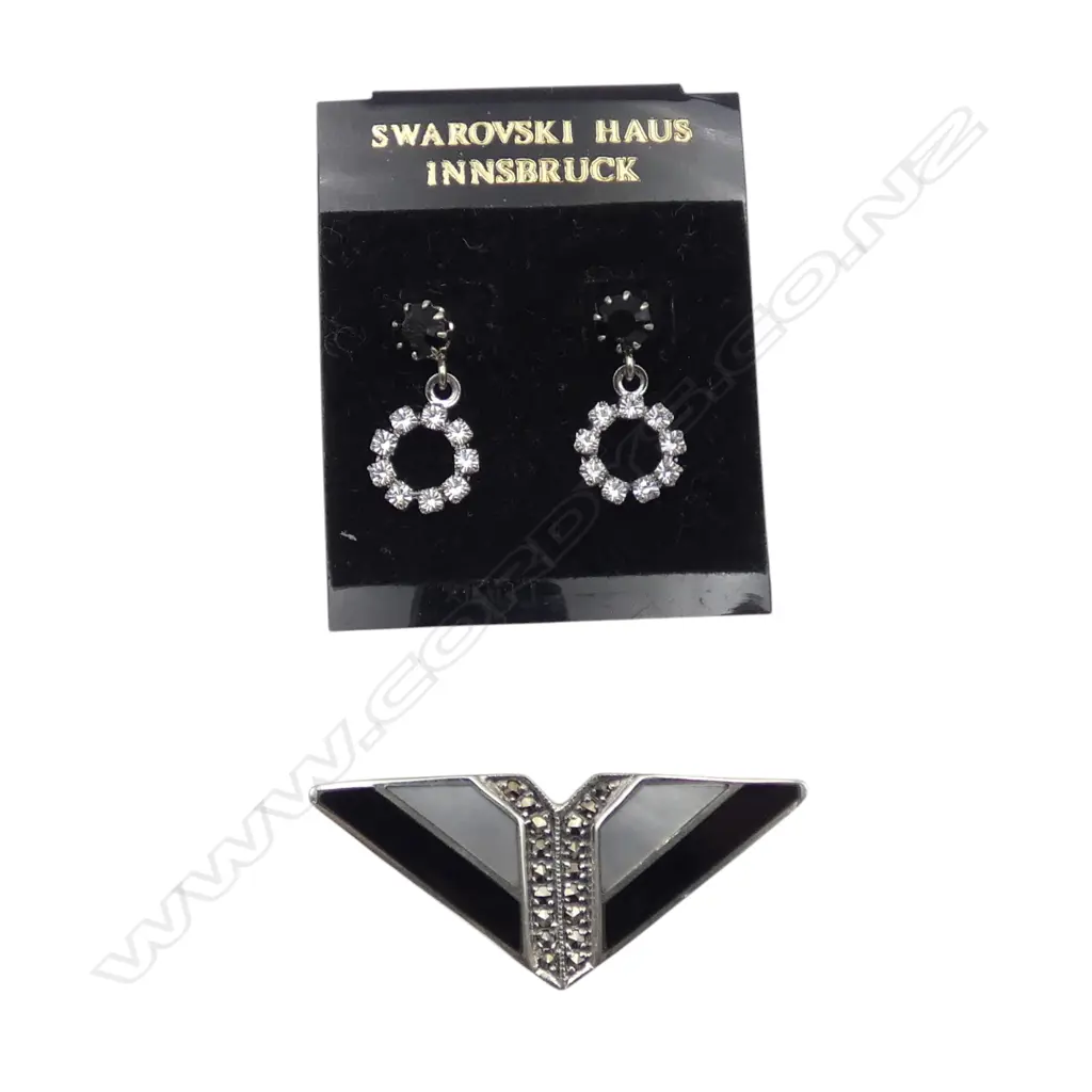 PR SWAROVSKI EARRINGS + STG SILVER ART DECO STYLE BROOCH Image 1++