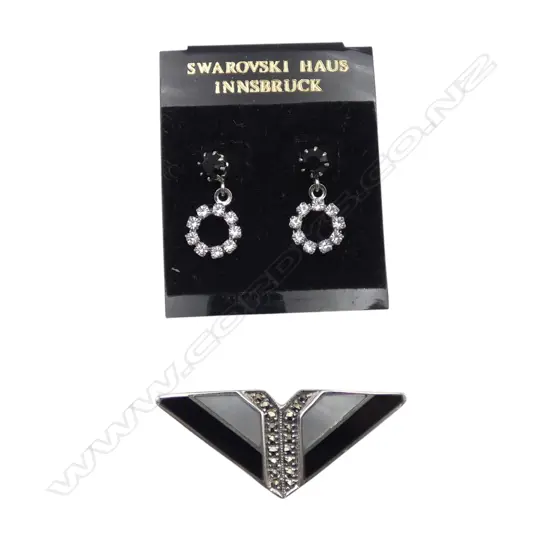PR SWAROVSKI EARRINGS + STG SILVER ART DECO STYLE BROOCH