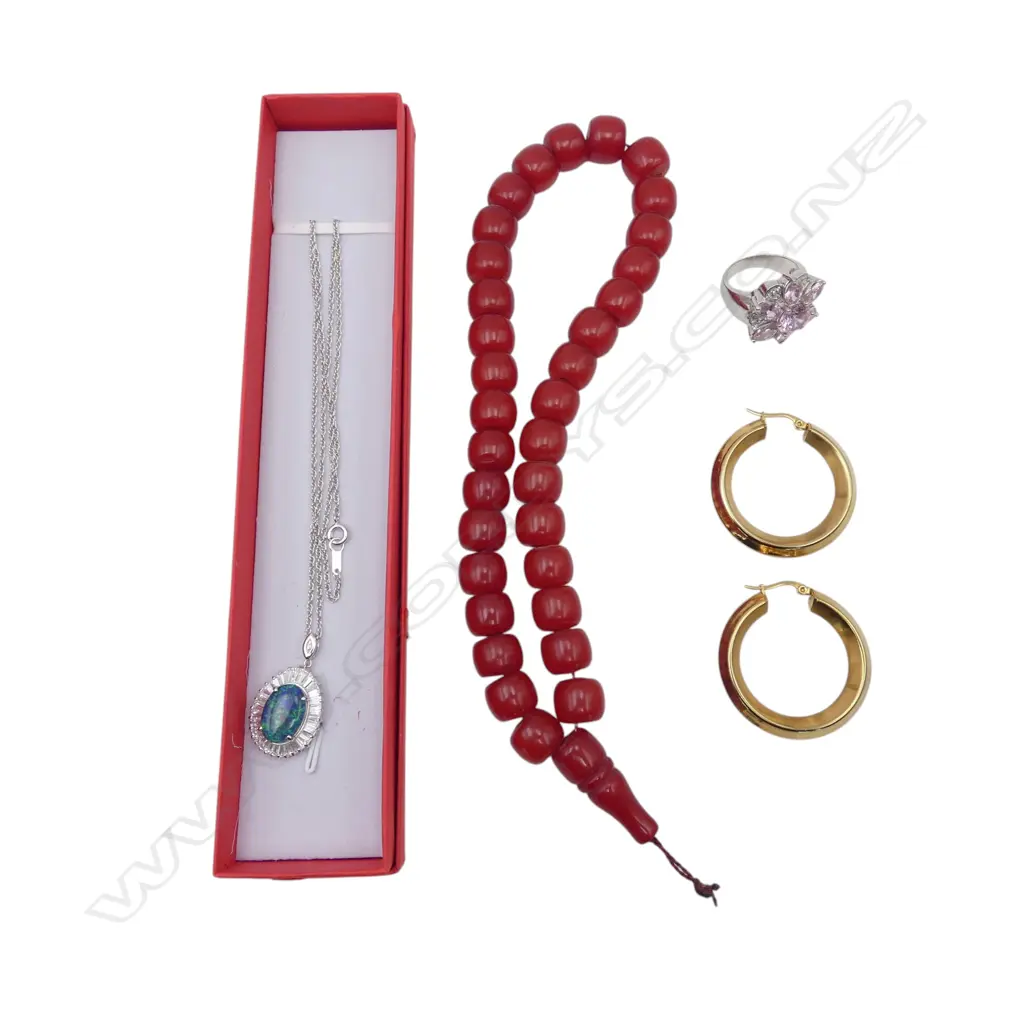STG SILVER OPAL CABOCHON ON STG CHAIN, BAKELITE BEADS, PR COSTUME HOOP EARRINGS & RING SIZE Q Image 1++