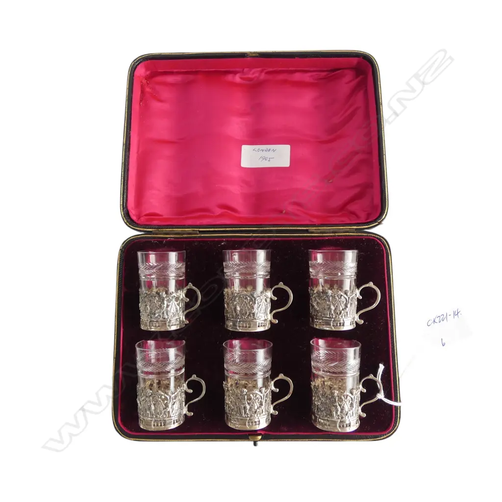 Edwardian set of 6 silver & glass liqueur glasses. London 1905 fancy cherub embossed frames. Original box Image 1++