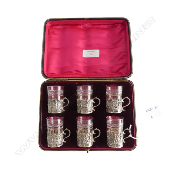 Edwardian set of 6 silver & glass liqueur glasses. London 1905 fancy cherub embossed frames. Original box
